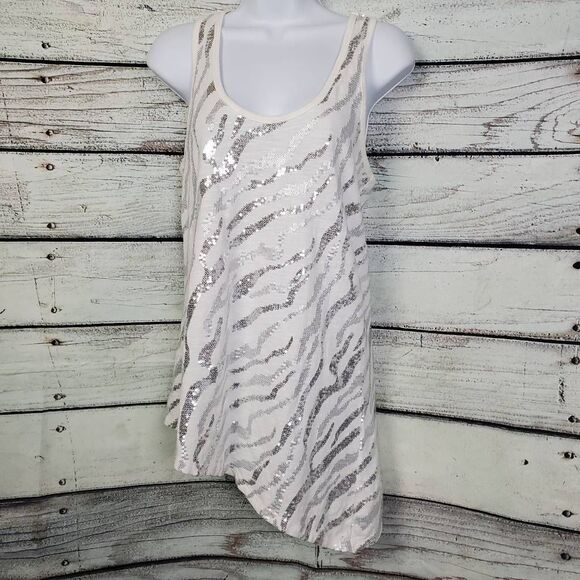 Cowgirl Tuff Co. Women’s White Silver Sequin Zebra Tank Top Size L - Picture 2 of 5